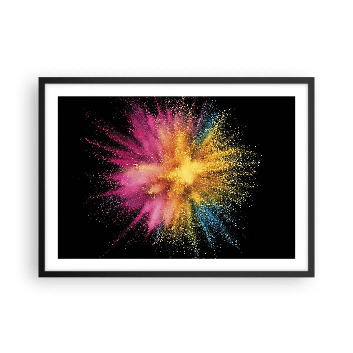 Poster in einem schwarzem Rahmen - Bunte Pulverexplosion auf schwarzem Hintergrund - 70x50cm - Die Geburt der Farben - Moderne Wanddekoration für Wohnzimmer und Schlafzimmer ARTTOR