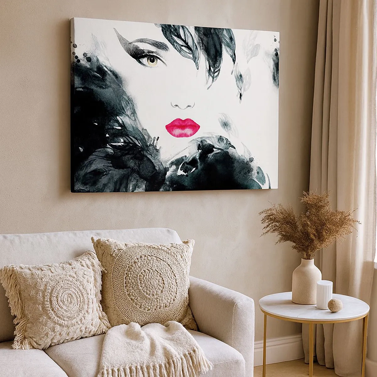 Bild auf Leinwand - Leinwandbild - Künstlerisches Porträt einer Frau mit intensiv rosa Lippen - 70x50cm - Beachtung! Femme fatale - Moderne Wanddekoration für Wohnzimmer und Schlafzimmer ARTTOR