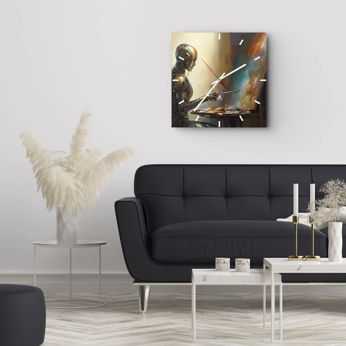 Wanduhr - Glasuhr - Ein Roboter, der im künstlerischen Stil auf einer Leinwand malt - 30x30cm - Die Kunst der Zukunft - Moderne Wanddekoration für Wohnzimmer und Schlafzimmer ARTTOR