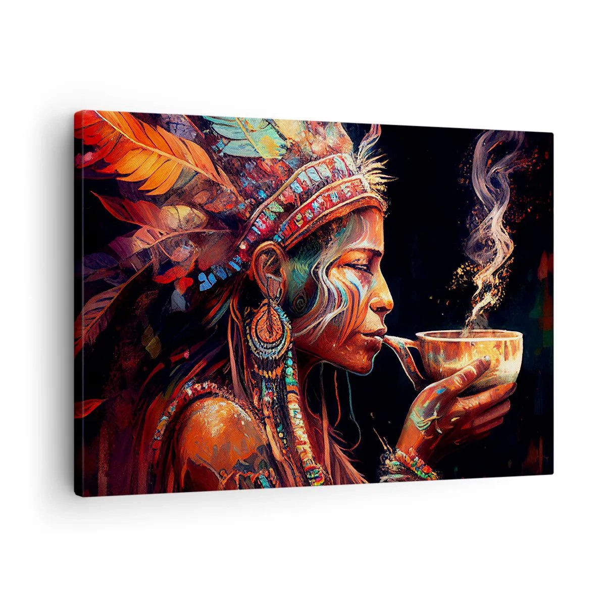 Bild auf Leinwand - Leinwandbild - Eine farbenfrohe Figur im Ethno-Stil mit einer Tasse dampfenden Getränks - 70x50cm - Magisches Ritual - Moderne Wanddekoration für Wohnzimmer und Schlafzimmer ARTTOR