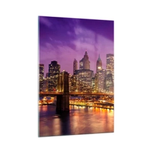 Glasbild - Bild auf glas - Abendansicht von New York mit der Brooklyn Bridge - 50x70cm - Violett-goldenes Manhathann - Moderne Wanddekoration für Wohnzimmer und Schlafzimmer ARTTOR