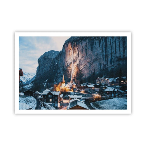 Poster - Ein malerisches Winterdorf, umgeben von Bergen - 100x70cm - Der leuchtende Geist des Winters - Moderne Wanddekoration für Wohnzimmer und Schlafzimmer ARTTOR