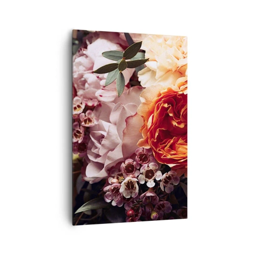 Bild auf Leinwand - Leinwandbild - Eine Nahaufnahme einer farbenfrohen Blumenkomposition - 80x120cm - Eingehüllt in Schönheit - Moderne Wanddekoration für Wohnzimmer und Schlafzimmer ARTTOR