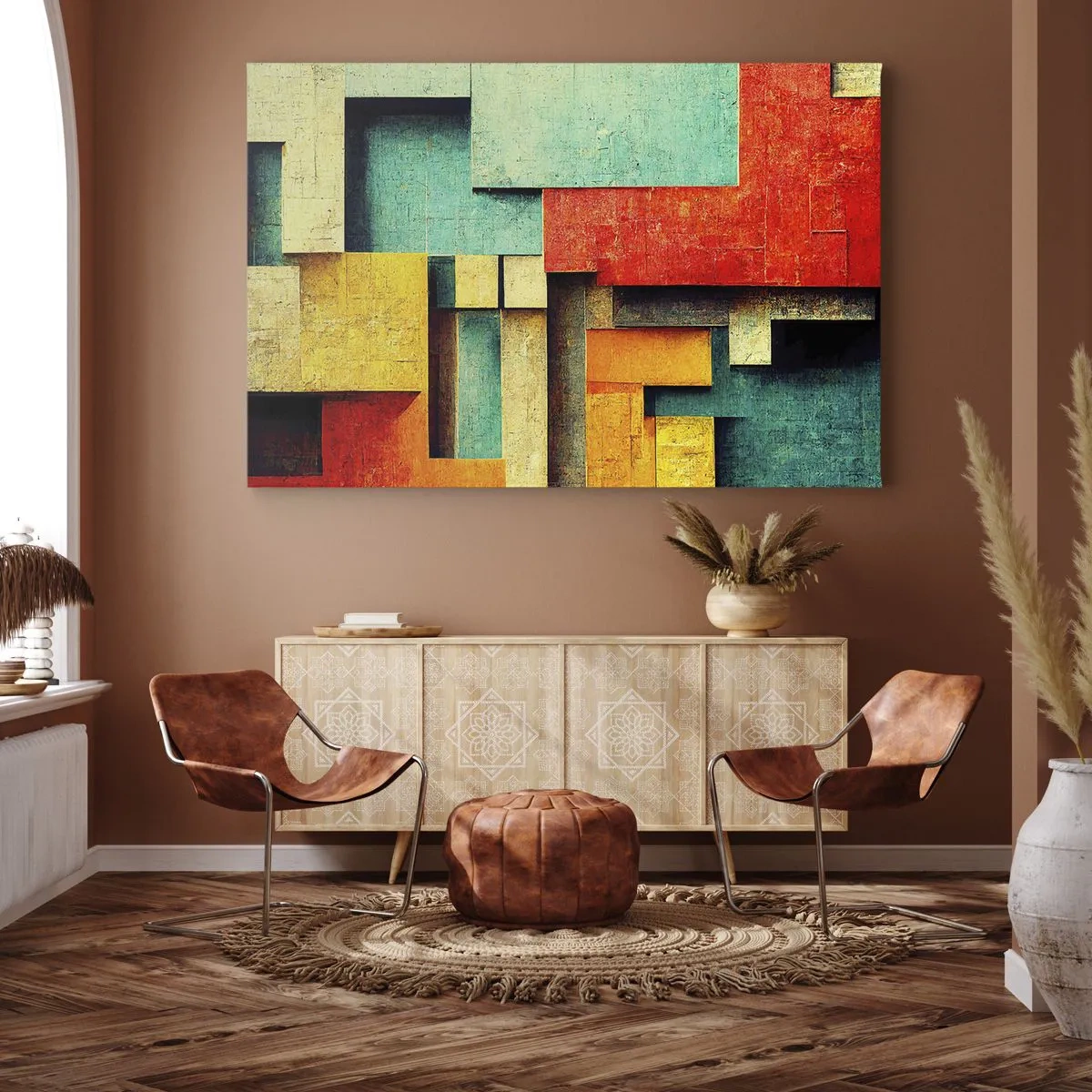 Bild auf Leinwand - Leinwandbild - Abstrakte geometrische Formen in leuchtenden Farben - 120x80cm - Festival der rechten Winkel - Moderne Wanddekoration für Wohnzimmer und Schlafzimmer ARTTOR