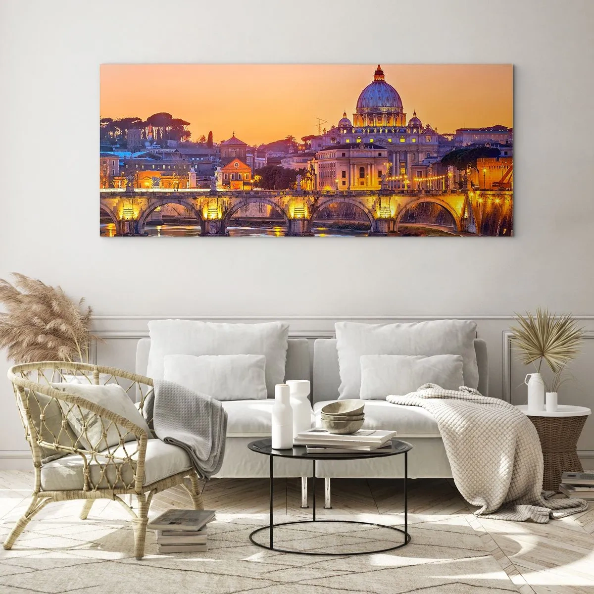 Glasbild - Bild auf glas - Panorama des Vatikans bei Sonnenuntergang mit einer Brücke über den Fluss - 140x50cm - Sonnenuntergang über der ewigen Stadt - Moderne Wanddekoration für Wohnzimmer und Schlafzimmer ARTTOR