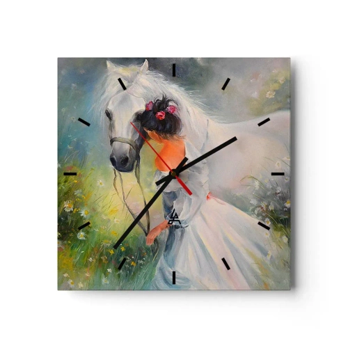 Wanduhr - Glasuhr - Eine Frau mit einem weißen Pferd in einer malerischen Umgebung - 30x30cm - Wie aus einem schönen Traum - Moderne Wanddekoration für Wohnzimmer und Schlafzimmer ARTTOR