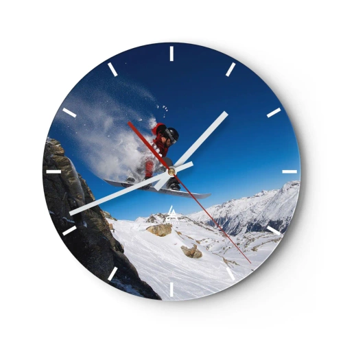 Wanduhr - Glasuhr - Ein Snowboarder macht einen Sprung vor einer Berglandschaft. - 30x30cm - Und du wurdest Teil des Raums - Moderne Wanddekoration für Wohnzimmer, Küche und Schlafzimmer ARTTOR