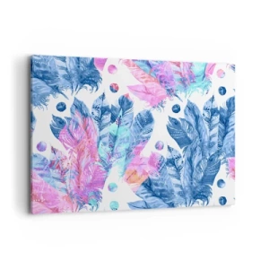 Bild auf Leinwand - Leinwandbild - Abstraktes Muster mit bunten Federn in Pastelltönen - 100x70cm - Pflaumen in Pink und Blau - Moderne Wanddekoration für Wohnzimmer und Schlafzimmer ARTTOR