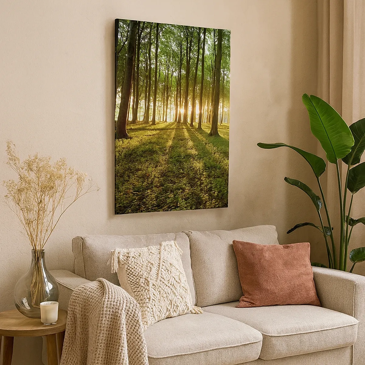 Bild auf Leinwand - Leinwandbild - Die untergehende Sonne im Laubwald - 50x70cm - Alle Frühlingsfotografie - Moderne Wanddekoration für Wohnzimmer und Schlafzimmer ARTTOR