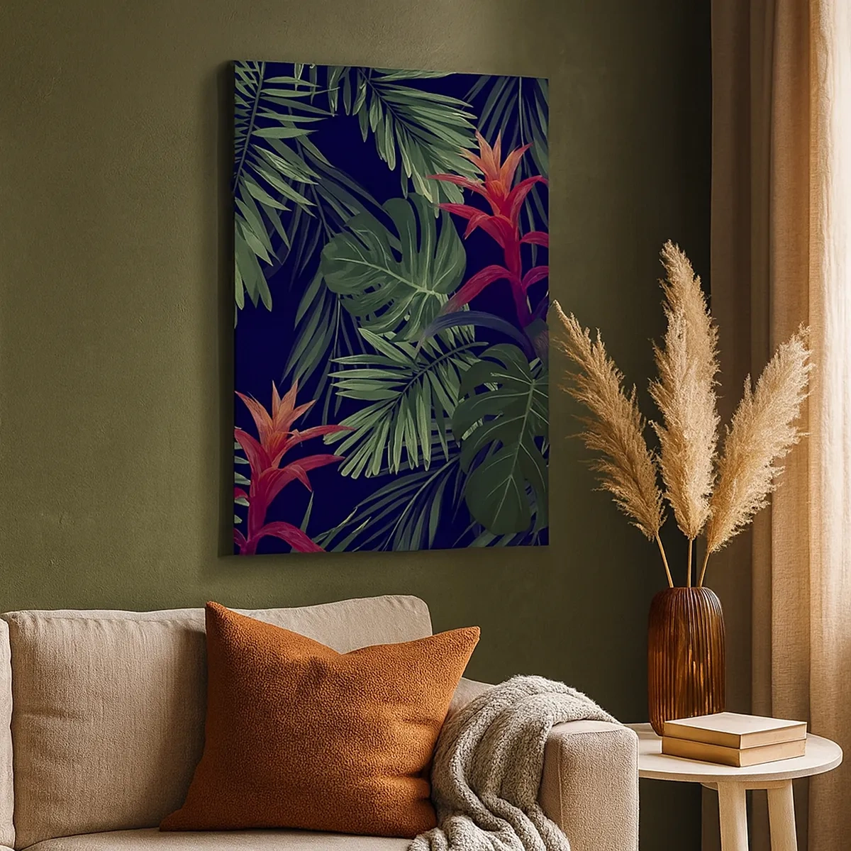 Bild auf Leinwand - Leinwandbild - Tropische Blätter und Blüten auf dunklem Hintergrund - 50x70cm - Im Grünen in Flammen gehen - Moderne Wanddekoration für Wohnzimmer und Schlafzimmer ARTTOR