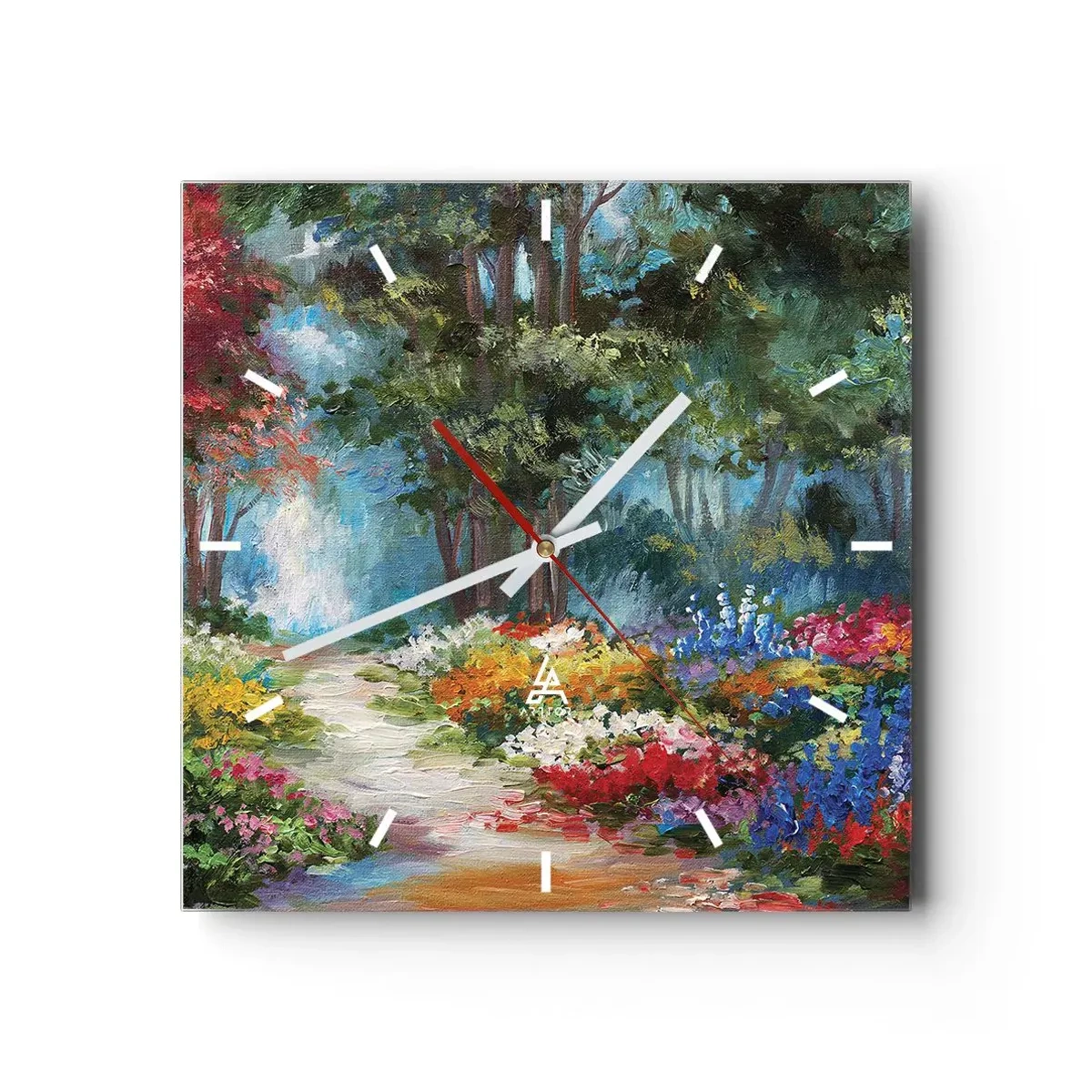 Wanduhr - Glasuhr - Ein malerischer Garten voller bunter Blumen und Bäume in einer Waldumgebung - 30x30cm - Waldgarten, Blumenwald - Moderne Wanddekoration für Wohnzimmer und Schlafzimmer ARTTOR