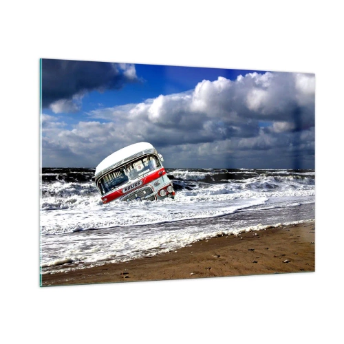 Glasbild - Bild auf glas - Ein alter Bus im Wasser einer stürmischen See - 100x70cm - Und was stehst du so erstaunt? - Moderne Wanddekoration für Wohnzimmer und Schlafzimmer ARTTOR