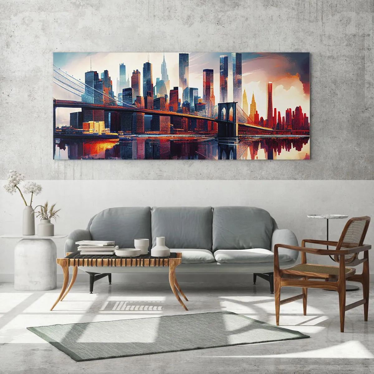 Glasbild - Bild auf glas - New York City Panorama mit Brücke und Spiegelung im Wasser - 160x50cm - Traumhaftes New York - Moderne Wanddekoration für Wohnzimmer und Schlafzimmer ARTTOR