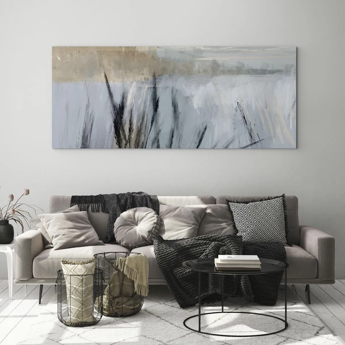 Glasbild - Bild auf glas - Eine malerische Winterlandschaft mit Feldern und Gräsern - 120x50cm - Winterfelder - Moderne Wanddekoration für Wohnzimmer und Schlafzimmer ARTTOR