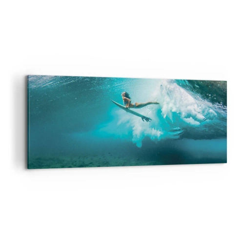 Bild auf Leinwand - Leinwandbild - Surfer unter einer Welle im blauen Ozeanwasser - 120x50cm - Unterwasserwelt - Moderne Wanddekoration für Wohnzimmer und Schlafzimmer ARTTOR