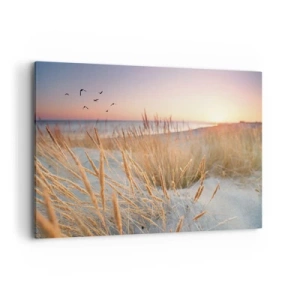 Bild auf Leinwand - Leinwandbild - Sonnenuntergangsstrand mit hohem Gras - 120x80cm - Das baltische Wiegenlied - Moderne Wanddekoration für Wohnzimmer und Schlafzimmer ARTTOR