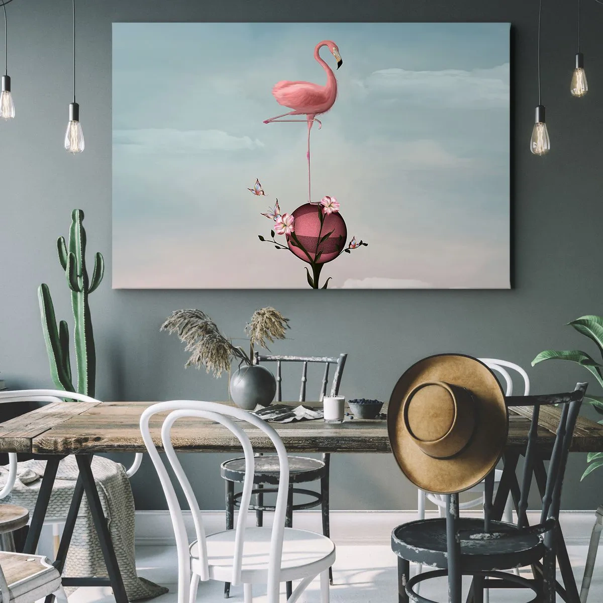 Bild auf Leinwand - Leinwandbild - Ein rosa Flamingo balanciert auf einem Blumenball - 70x50cm - Basketball-Allegorie - Moderne Wanddekoration für Wohnzimmer und Schlafzimmer ARTTOR