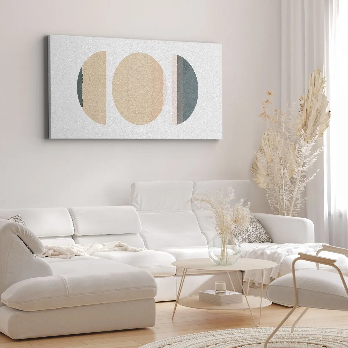 Bild auf Leinwand - Leinwandbild - Abstrakte geometrische Formen in Pastellfarben - 160x50cm - Ein Rad hinter dem anderen… - Moderne Wanddekoration für Wohnzimmer und Schlafzimmer ARTTOR