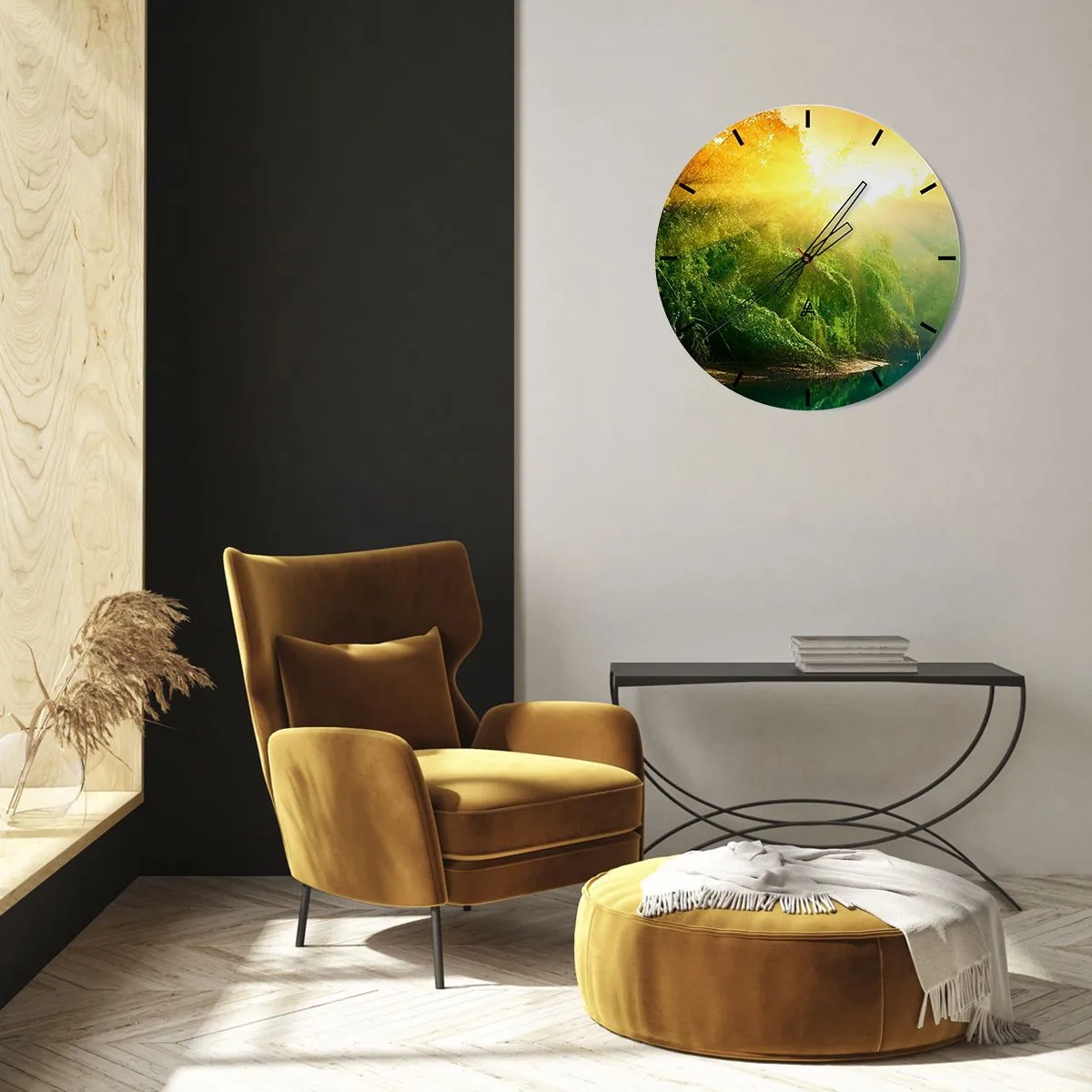Wanduhr - Glasuhr - Waldlandschaft mit Sonnenstrahlen - 30x30cm - In Sonne und Schatten ertrinken - Moderne Wanddekoration für Wohnzimmer, Küche und Schlafzimmer ARTTOR