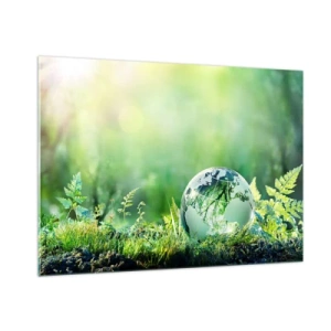 Glasbild - Bild auf glas - Eine Glaskugel mit einer Weltkarte vor dem Hintergrund grüner Natur - 100x70cm - Der grüne Planet - Moderne Wanddekoration für Wohnzimmer und Schlafzimmer ARTTOR