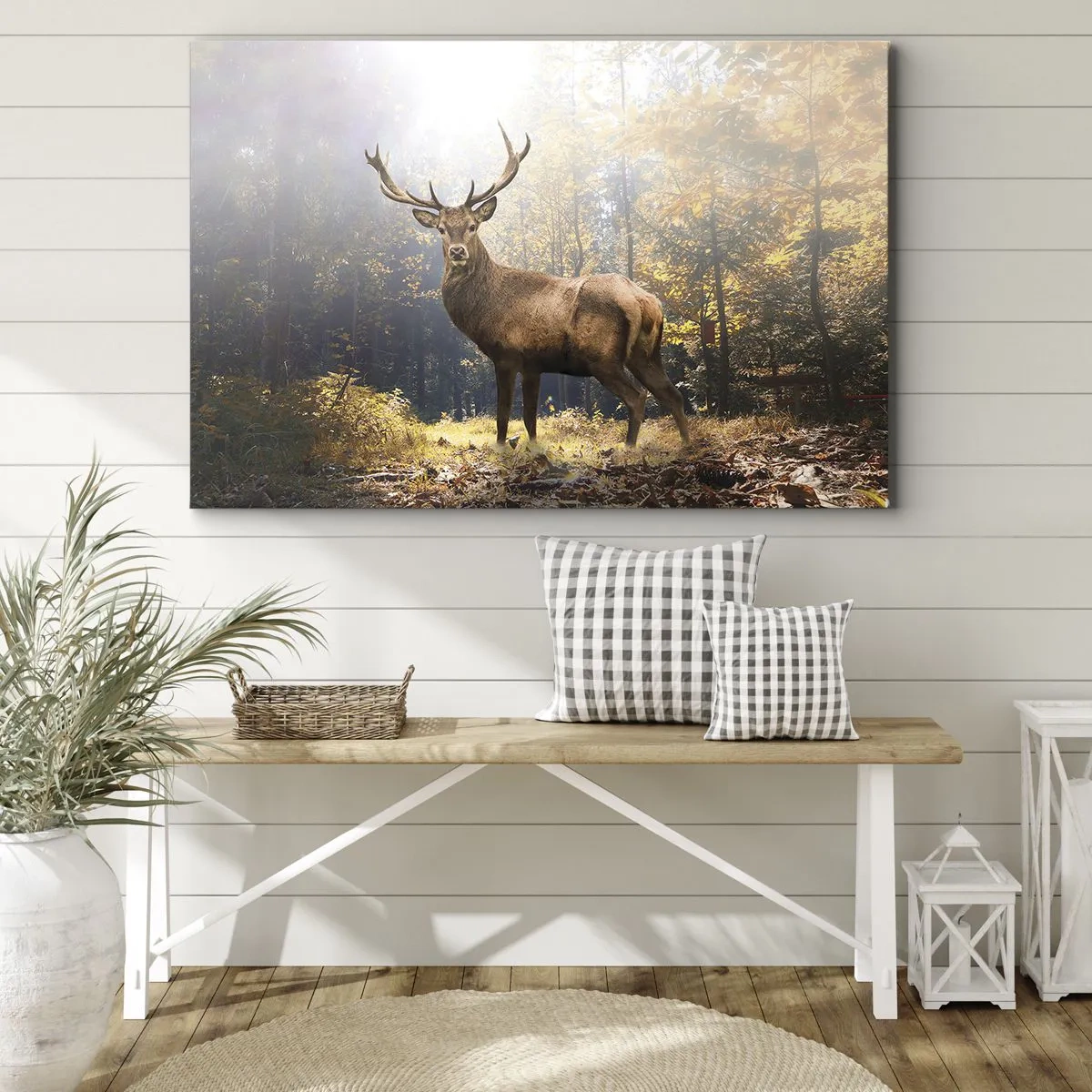 Bild auf Leinwand - Leinwandbild - Hirsch im herbstlichen Wald mit Sonnenstrahlen - 70x50cm - In voller Majestät - Moderne Wanddekoration für Wohnzimmer und Schlafzimmer ARTTOR