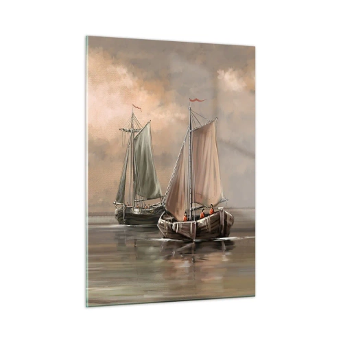 Glasbild - Bild auf glas - Drei Segelboote auf ruhiger See in Pastellfarben - 50x70cm - Die Rückkehr der Matrosen - Moderne Wanddekoration für Wohnzimmer und Schlafzimmer ARTTOR