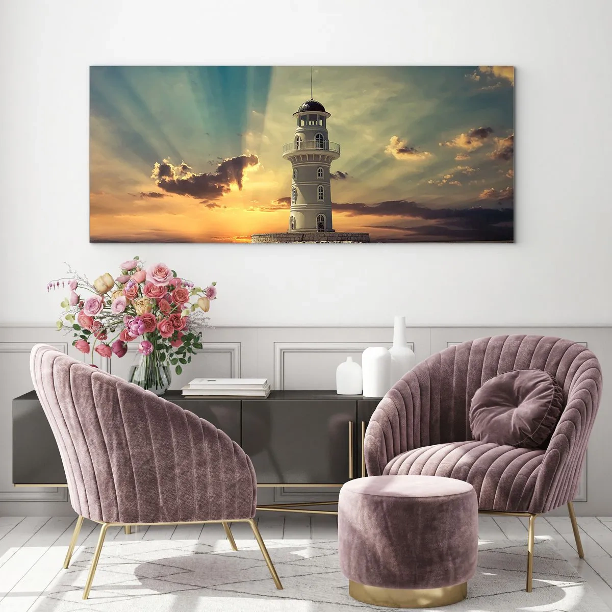 Glasbild - Bild auf glas - Ein Leuchtturm bei Sonnenuntergang gegen den Himmel - 140x50cm - Licht - Gut - Schönheit - Moderne Wanddekoration für Wohnzimmer und Schlafzimmer ARTTOR