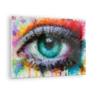 Glasbild - Bild auf glas - Ein geometrisches Auge in leuchtenden Farben mit Kristalleffekt. - 70x50cm - Kristallines Leuchten der Augen - Moderne Wanddekoration für Wohnzimmer und Schlafzimmer ARTTOR