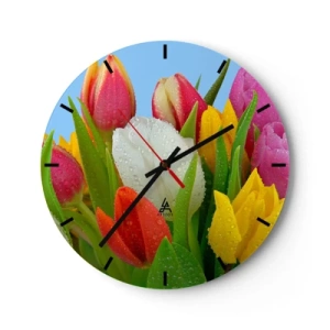 Wanduhr - Glasuhr - Bunte Tulpen mit Tautropfen bedeckt - 30x30cm - Ein blumiger Regenbogen in Tautropfen - Moderne Wanddekoration für Wohnzimmer, Küche und Schlafzimmer ARTTOR