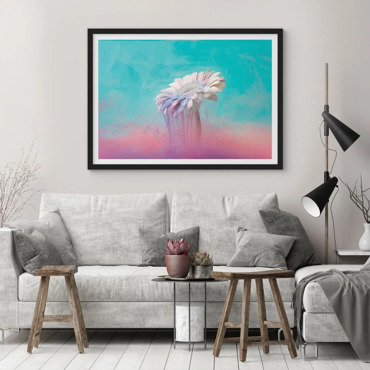 Poster in einem schwarzem Rahmen - Pastellfarbene Gerbera mit Unschärfeeffekt - 100x70cm - Blumenunterwelt - Moderne Wanddekoration für Wohnzimmer und Schlafzimmer ARTTOR
