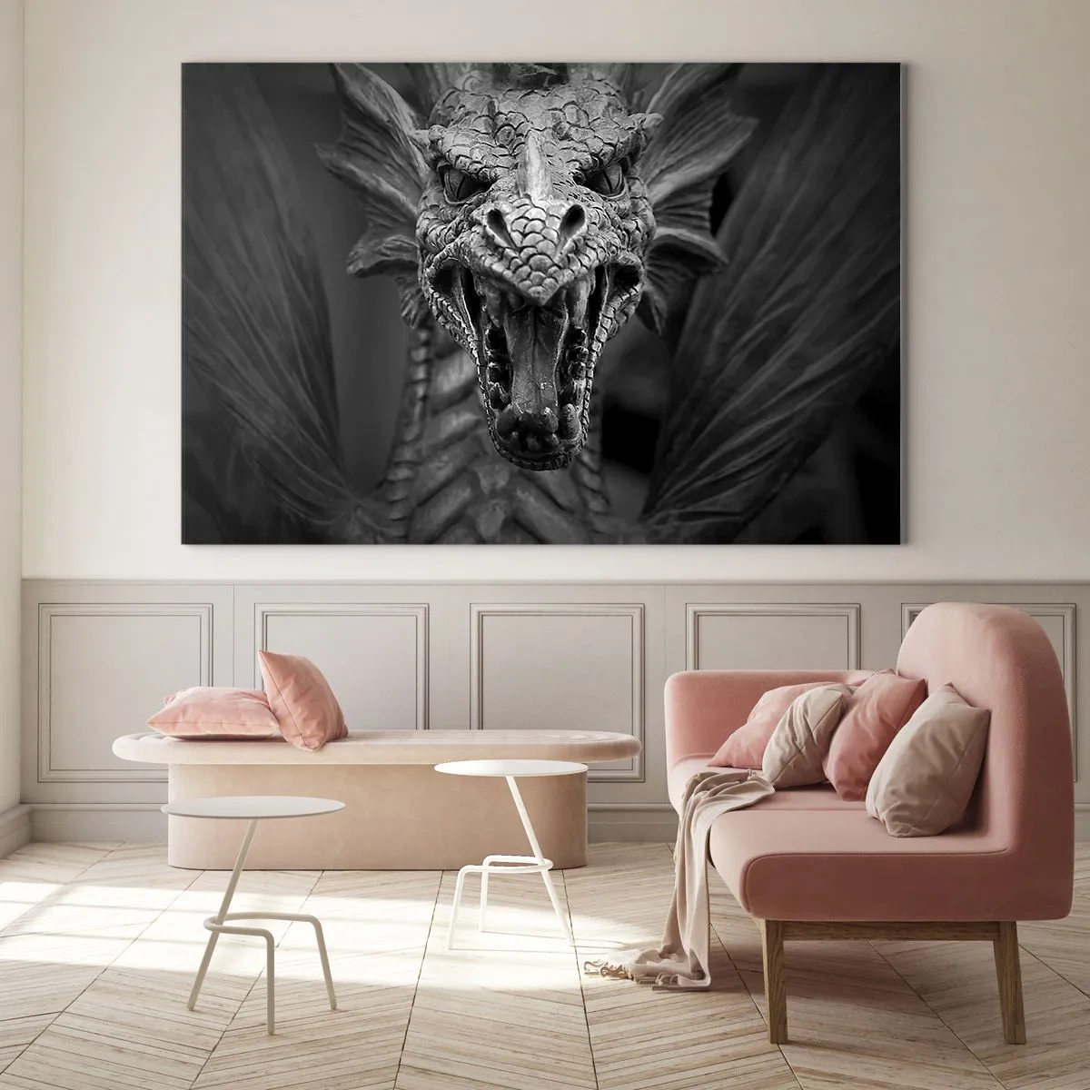 Glasbild - Bild auf glas - Detailliertes Porträt eines Drachen in Schwarzweiß - 100x70cm - Ein märchenhafter Drache in Grau - Moderne Wanddekoration für Wohnzimmer und Schlafzimmer ARTTOR