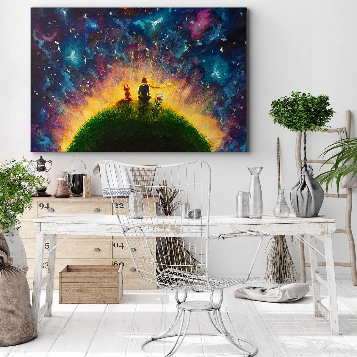 Bild auf Leinwand - Leinwandbild - Figuren auf einem grünen Hügel, umgeben von einem Sternenhimmel - 70x50cm - Liebe und Freundschaft - die ganze Welt - Moderne Wanddekoration für Wohnzimmer und Schlafzimmer ARTTOR