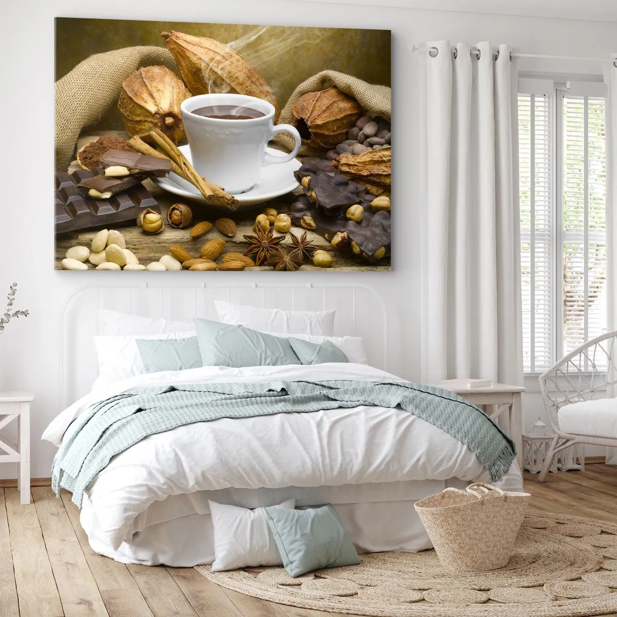 Bild auf Leinwand - Leinwandbild - Eine Tasse heiße Schokolade, umgeben von Kakao und Zimt - 70x50cm - Für Nervenkitzel-Suchende - Moderne Wanddekoration für Wohnzimmer und Schlafzimmer ARTTOR