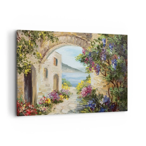 Bild auf Leinwand - Leinwandbild - Küstenlandschaft mit Steingebäuden und Blumen - 120x80cm - Charme einer Küstenprovinz - Moderne Wanddekoration für Wohnzimmer und Schlafzimmer ARTTOR