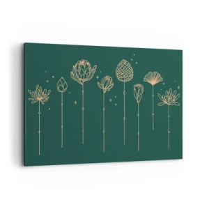 Bild auf Leinwand - Leinwandbild - Goldene Zeichnungen von Kräutern auf dunkelgrünem Hintergrund - 100x70cm - Familie ZIÓŁkowski - Moderne Wanddekoration für Wohnzimmer und Schlafzimmer ARTTOR
