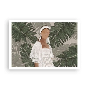 Poster - Porträt einer Frau in einem weißen Kleid vor einem Hintergrund aus Monstera-Blättern - 100x70cm - Exotisches Porträt - Moderne Wanddekoration für Wohnzimmer und Schlafzimmer ARTTOR