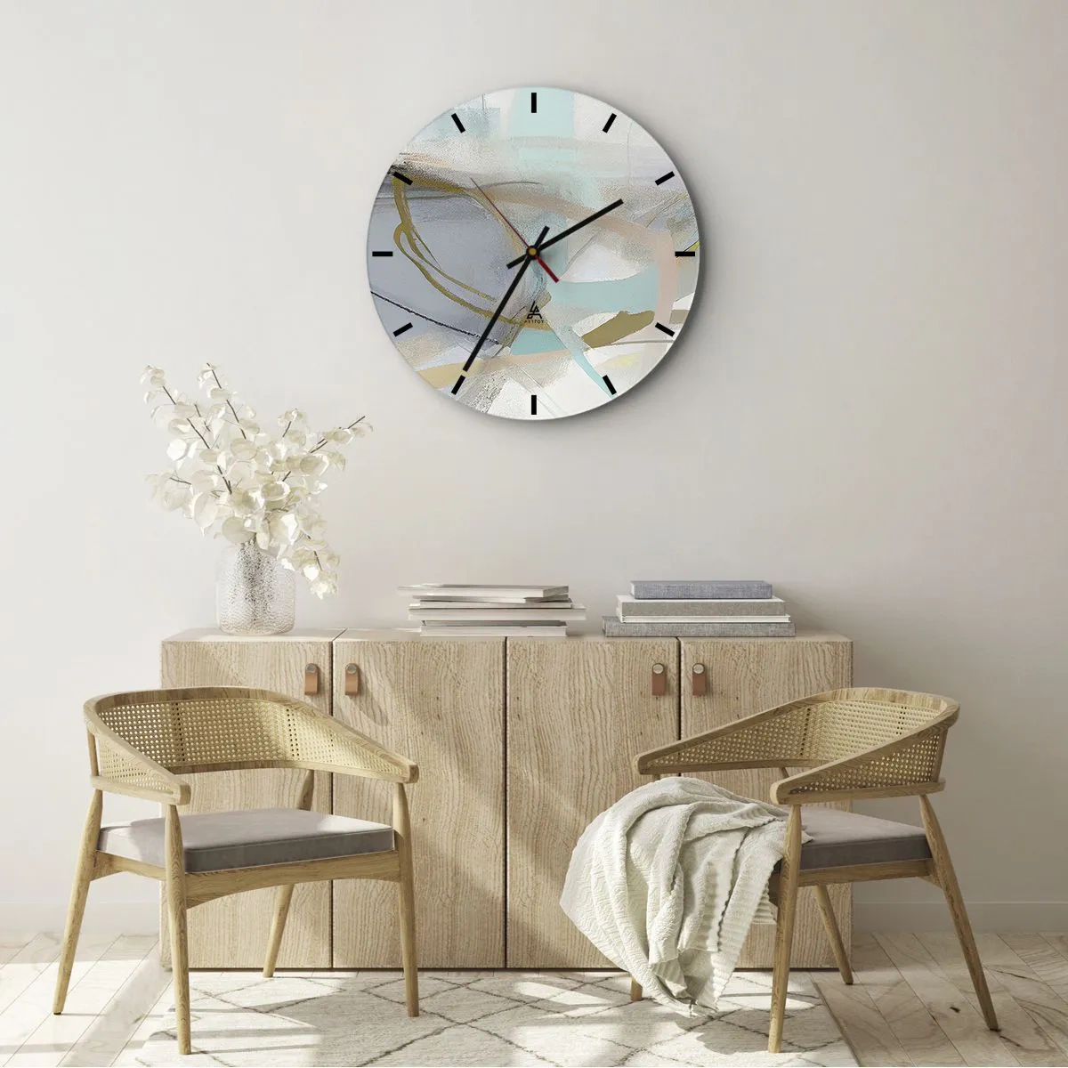 Wanduhr - Glasuhr - Eine zarte Abstraktion mit pastellfarbenen Streifen und weichen Konturen. - 30x30cm - Neblige Abstraktion - Moderne Wanddekoration für Wohnzimmer, Küche und Schlafzimmer ARTTOR