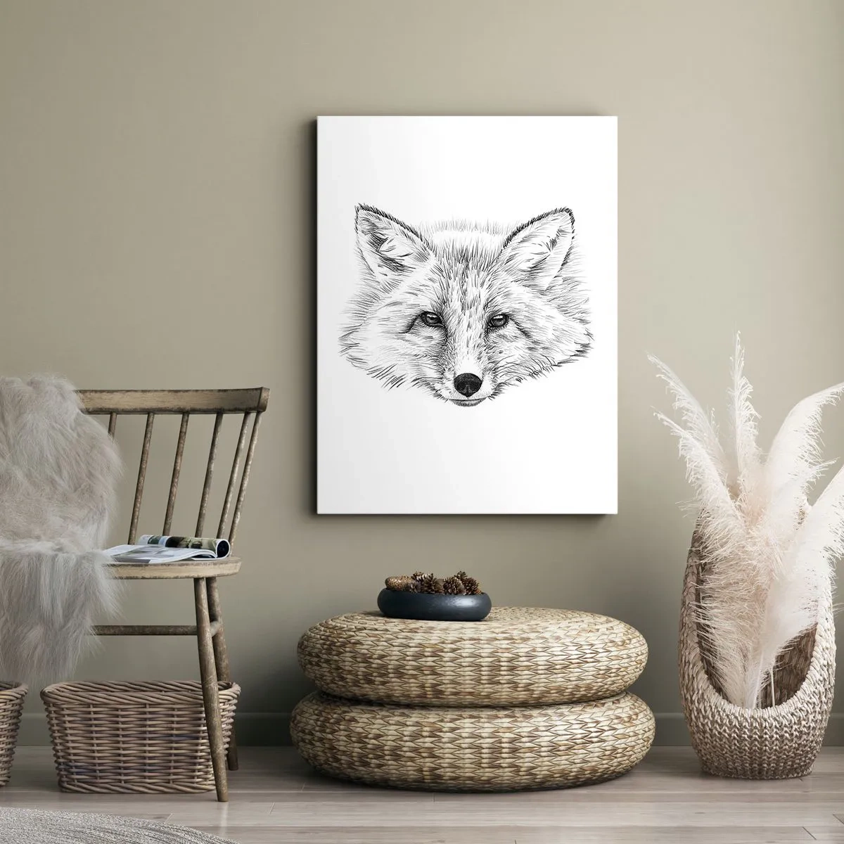 Bild auf Leinwand - Leinwandbild - Schwarz-weiße Zeichnung eines Fuchskopfes auf weißem Hintergrund - 70x100cm - Können diese Augen lügen? - Moderne Wanddekoration für Wohnzimmer und Schlafzimmer ARTTOR