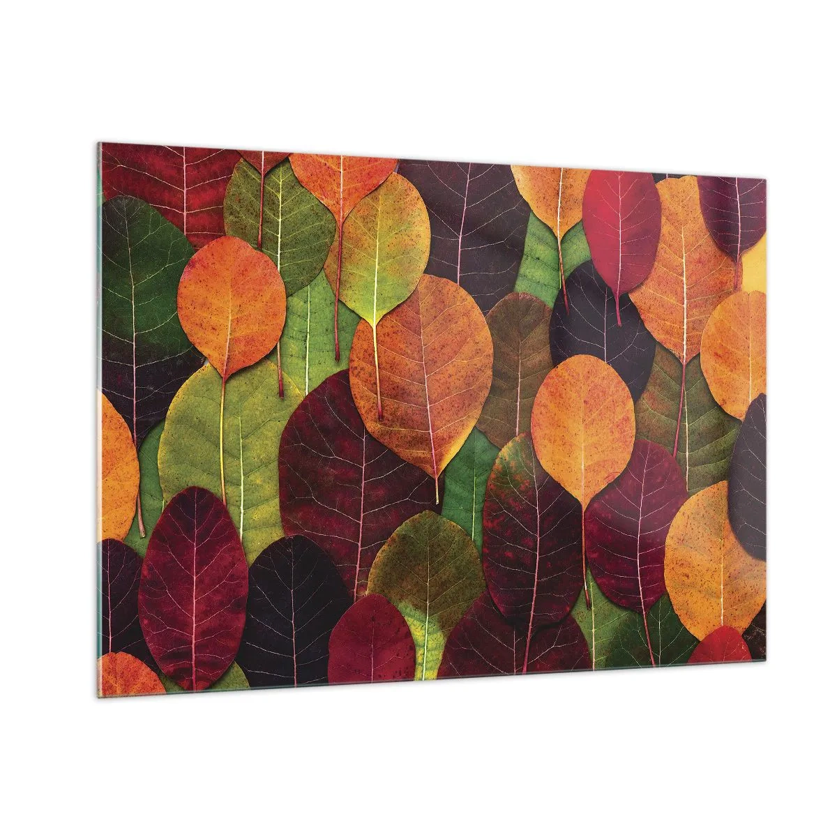 Glasbild - Bild auf glas - Bunte Herbstblätter kunstvoll arrangiert - 100x70cm - Herbstmosaik - Moderne Wanddekoration für Wohnzimmer und Schlafzimmer ARTTOR