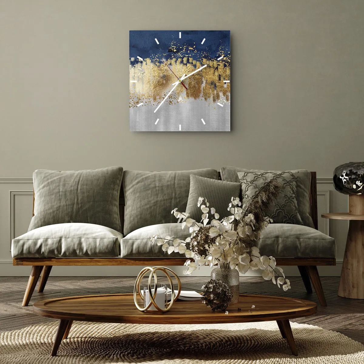 Wanduhr - Glasuhr - Eine abstrakte Komposition in Gold- und Marineblautönen. - 30x30cm - Moderne Komposition mit Glanz - Moderne Wanddekoration für Wohnzimmer und Schlafzimmer ARTTOR