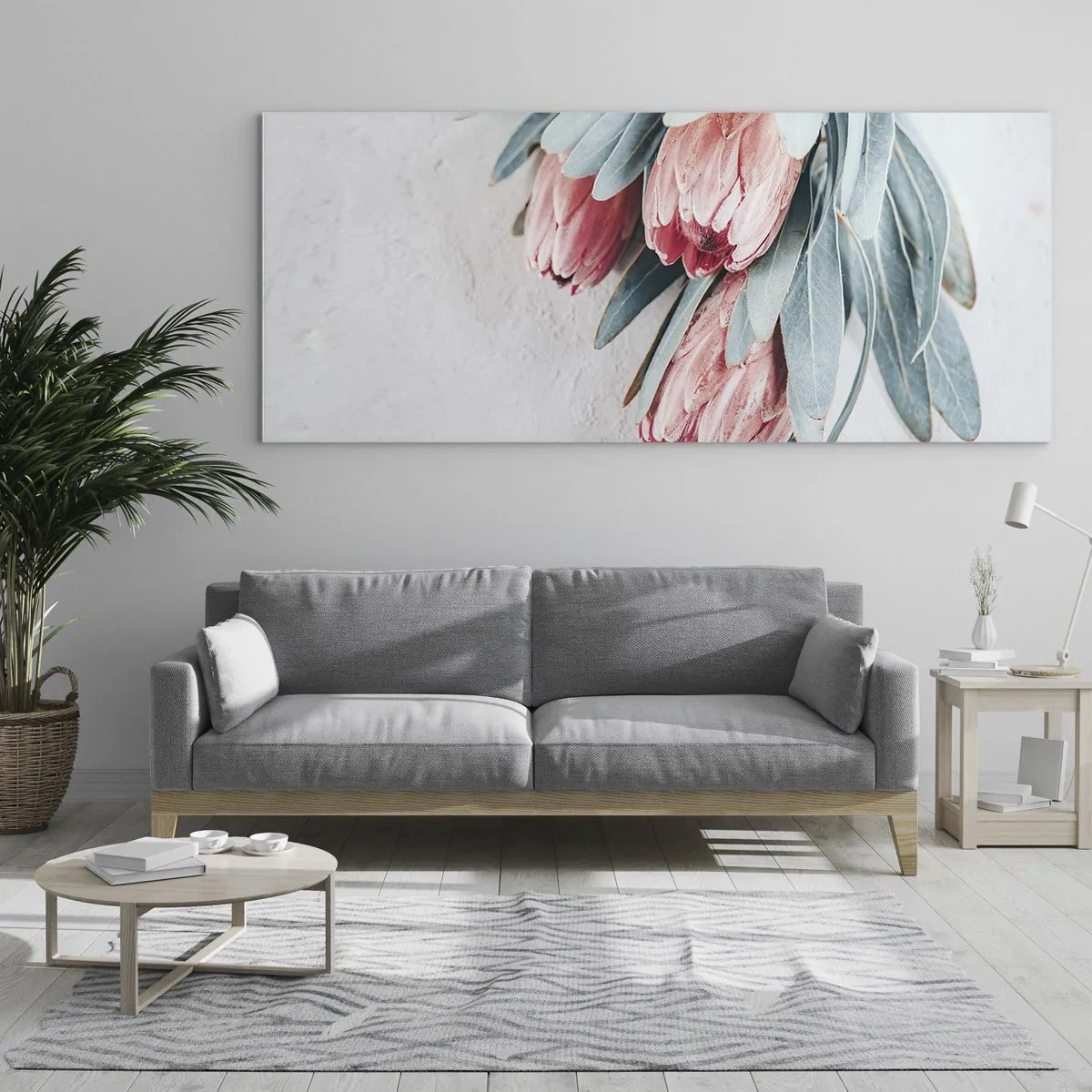 Glasbild - Bild auf glas - Dezente rosa Protea-Blüten auf hellem Hintergrund - 120x50cm - Schämen sich für ihre eigene Schönheit - Moderne Wanddekoration für Wohnzimmer und Schlafzimmer ARTTOR
