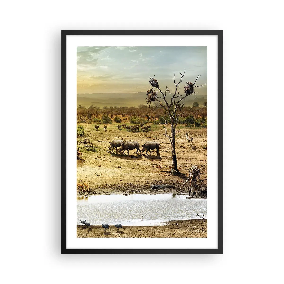 Poster in einem schwarzem Rahmen - Savanne mit Nashörnern und Wasserstelle - 50x70cm - Ein Fluss floss aus Eden ... - Moderne Wanddekoration für Wohnzimmer und Schlafzimmer ARTTOR