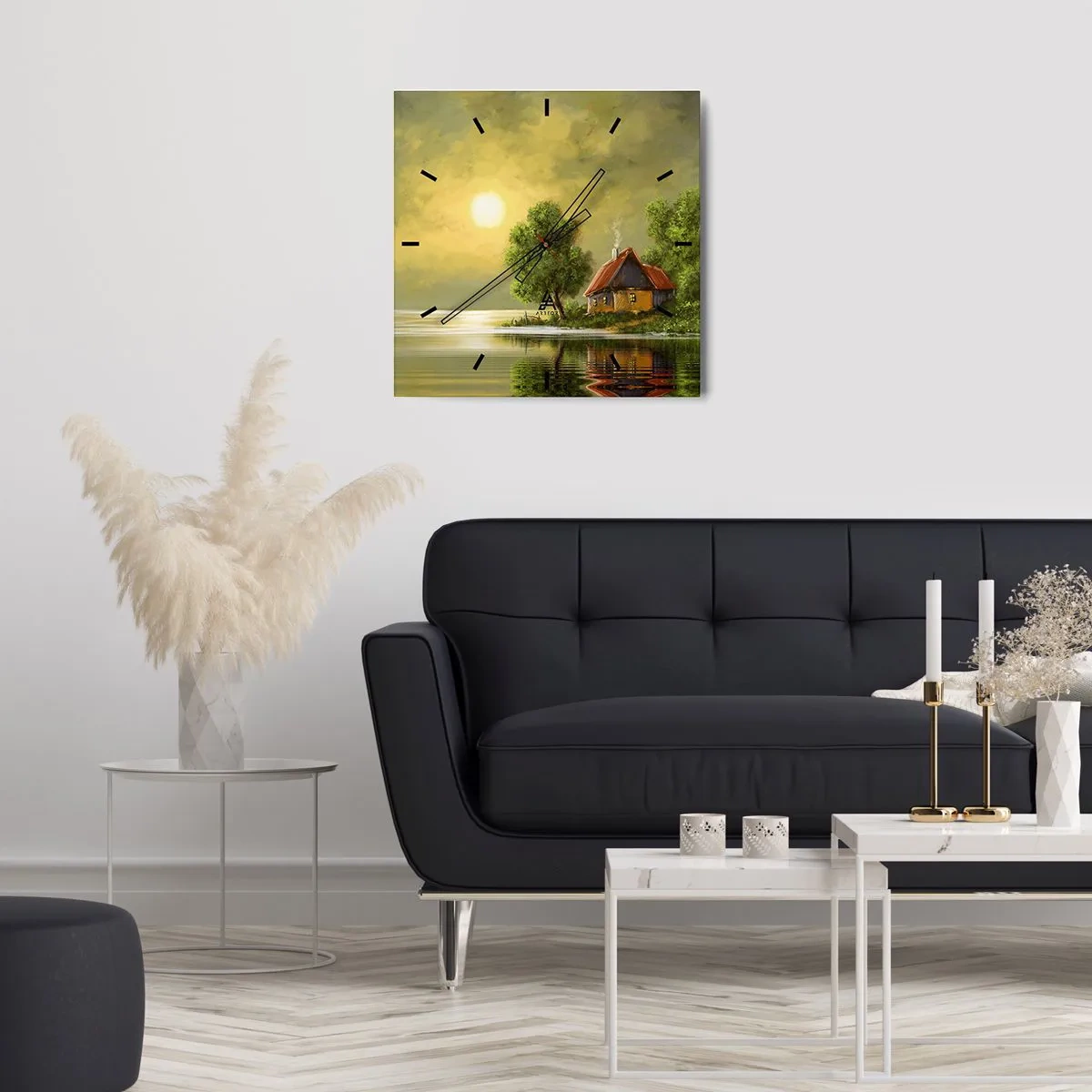 Wanduhr - Glasuhr - Seehaus im Abendlicht - 30x30cm - Schön, wie ein Bild - Moderne Wanddekoration für Wohnzimmer und Schlafzimmer ARTTOR