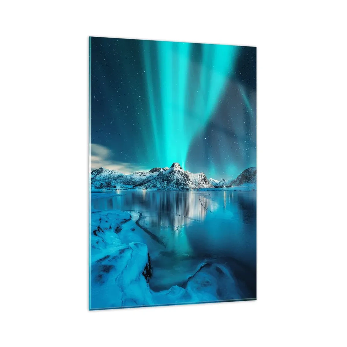 Glasbild - Bild auf glas - Aurora Borealis über schneebedeckten Bergen und einem See - 80x120cm - Lichtnacht - Moderne Wanddekoration für Wohnzimmer und Schlafzimmer ARTTOR