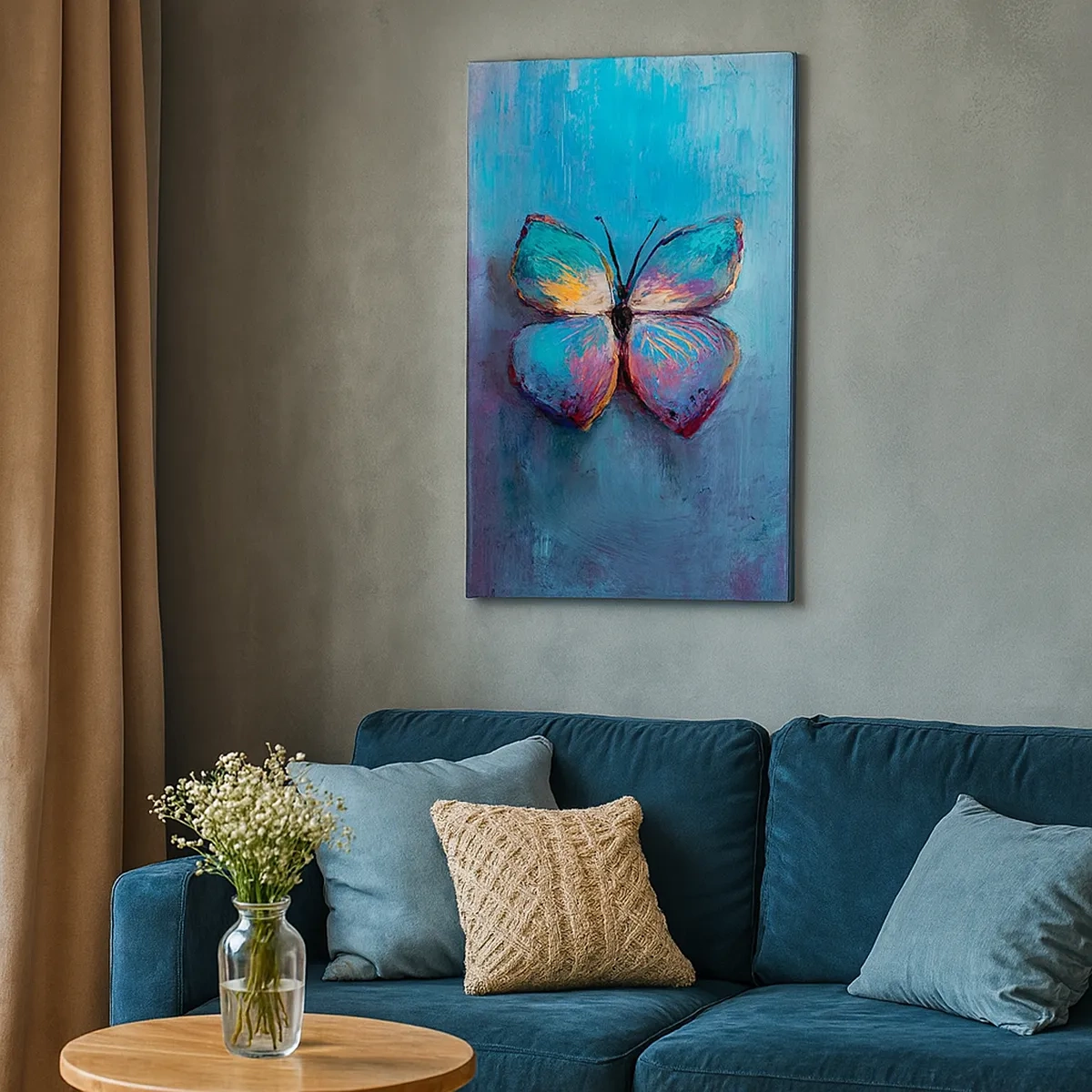 Bild auf Leinwand - Leinwandbild - Bunter Schmetterling auf blauem Hintergrund - 50x70cm - In all seiner Pracht - Moderne Wanddekoration für Wohnzimmer und Schlafzimmer ARTTOR