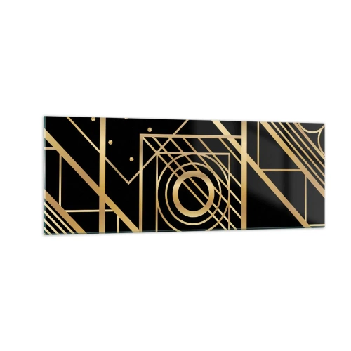 Glasbild - Bild auf glas - Goldene geometrische Muster auf schwarzem Hintergrund - 140x50cm - Goldene Geometrie - Moderne Wanddekoration für Wohnzimmer und Schlafzimmer ARTTOR