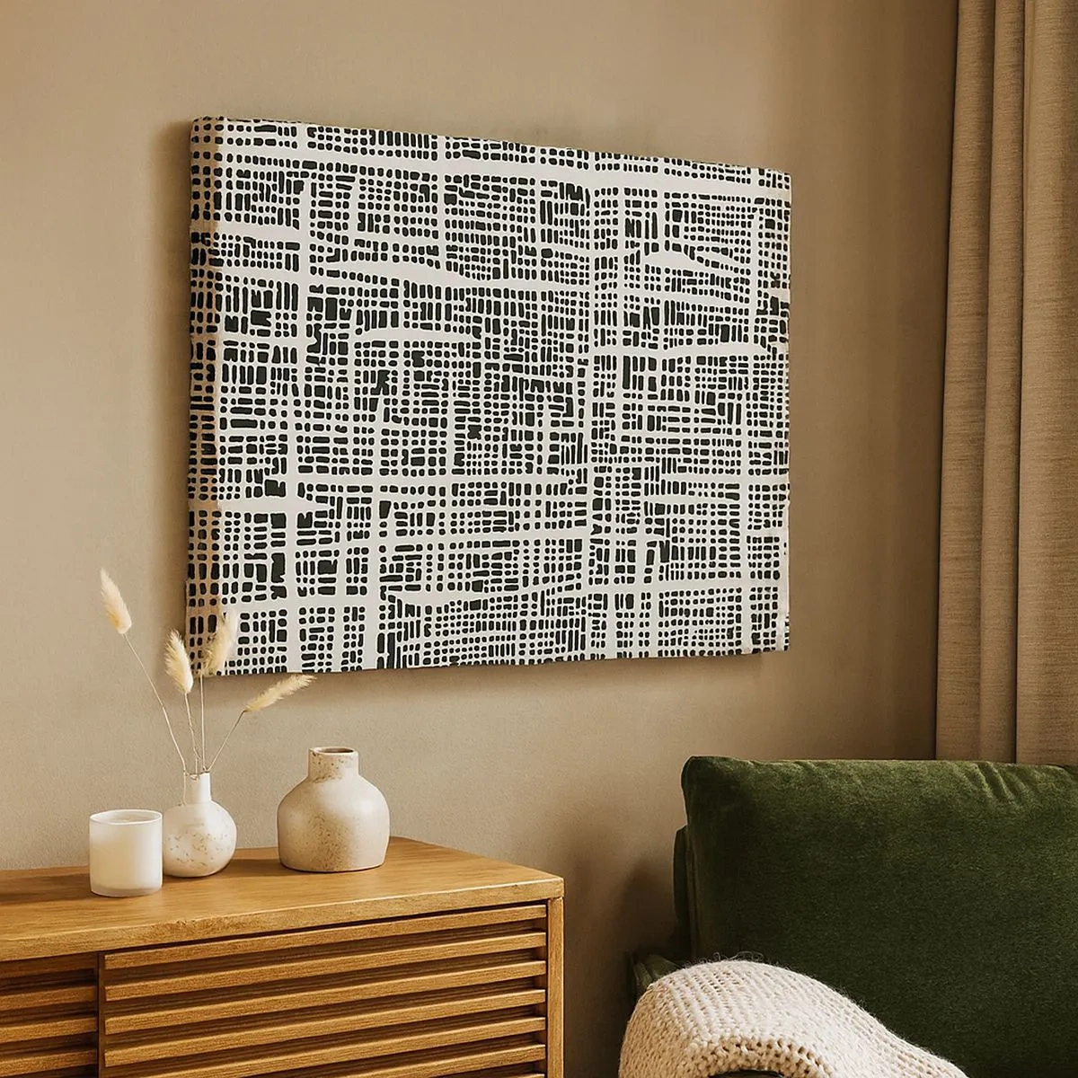 Bild auf Leinwand - Leinwandbild - Ein geometrisches Muster, das einem Gitter auf hellem Hintergrund ähnelt - 70x50cm - Gewebte Komposition - Moderne Wanddekoration für Wohnzimmer und Schlafzimmer ARTTOR