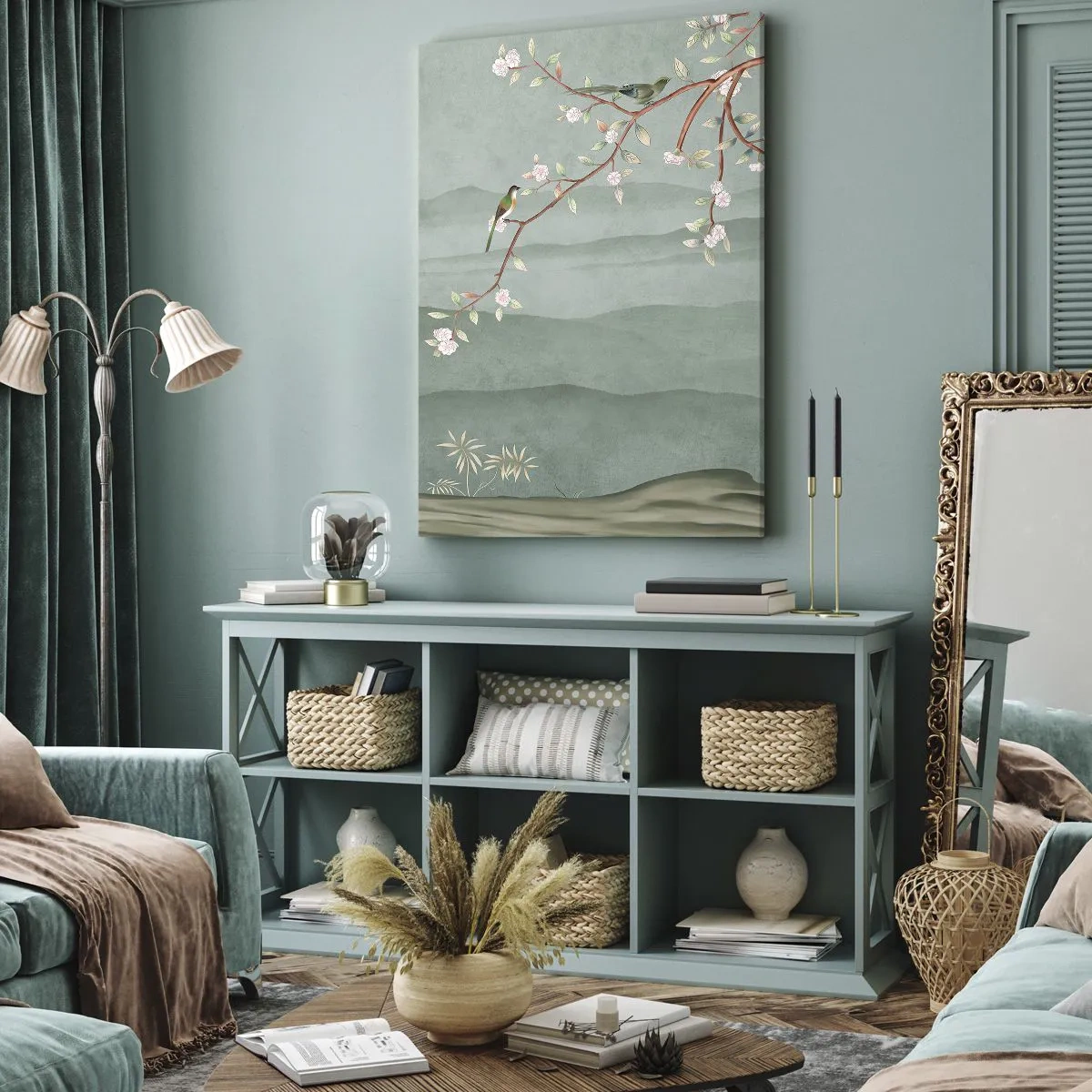 Bild auf Leinwand - Leinwandbild - Ein malerisches Bild eines blühenden Baumzweigs mit Vögeln vor dem Hintergrund grüner Hügel. - 80x120cm - Frühling, oh, du bist es - Moderne Wanddekoration für Wohnzimmer und Schlafzimmer ARTTOR