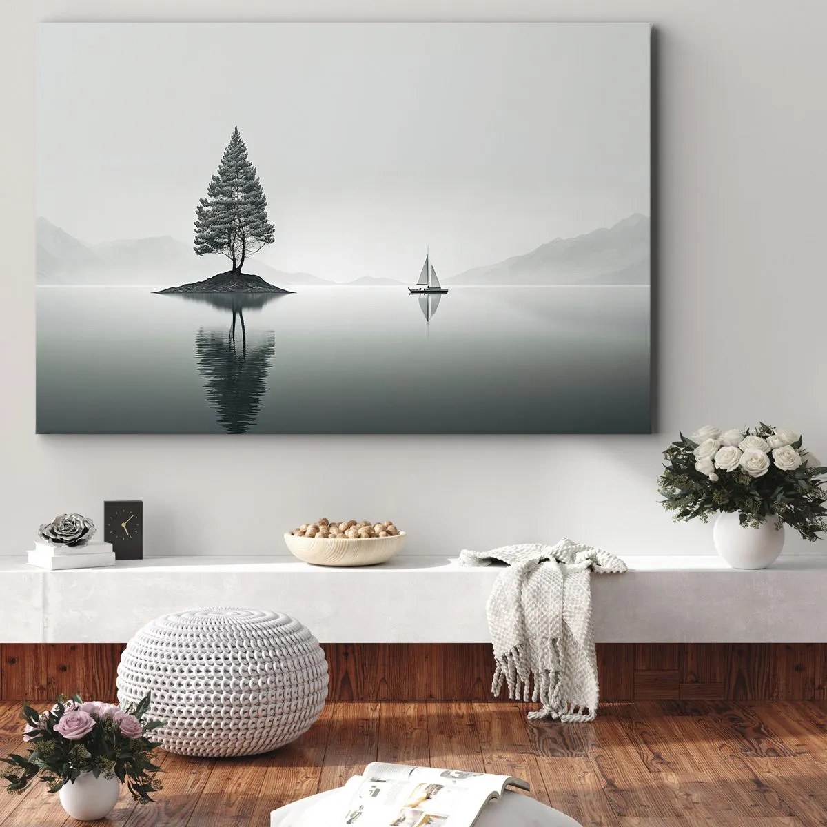 Bild auf Leinwand - Leinwandbild - Eine minimalistische Landschaft mit einem Baum auf einer Insel und einem Segelboot. - 100x70cm - Traum - Moderne Wanddekoration für Wohnzimmer und Schlafzimmer ARTTOR