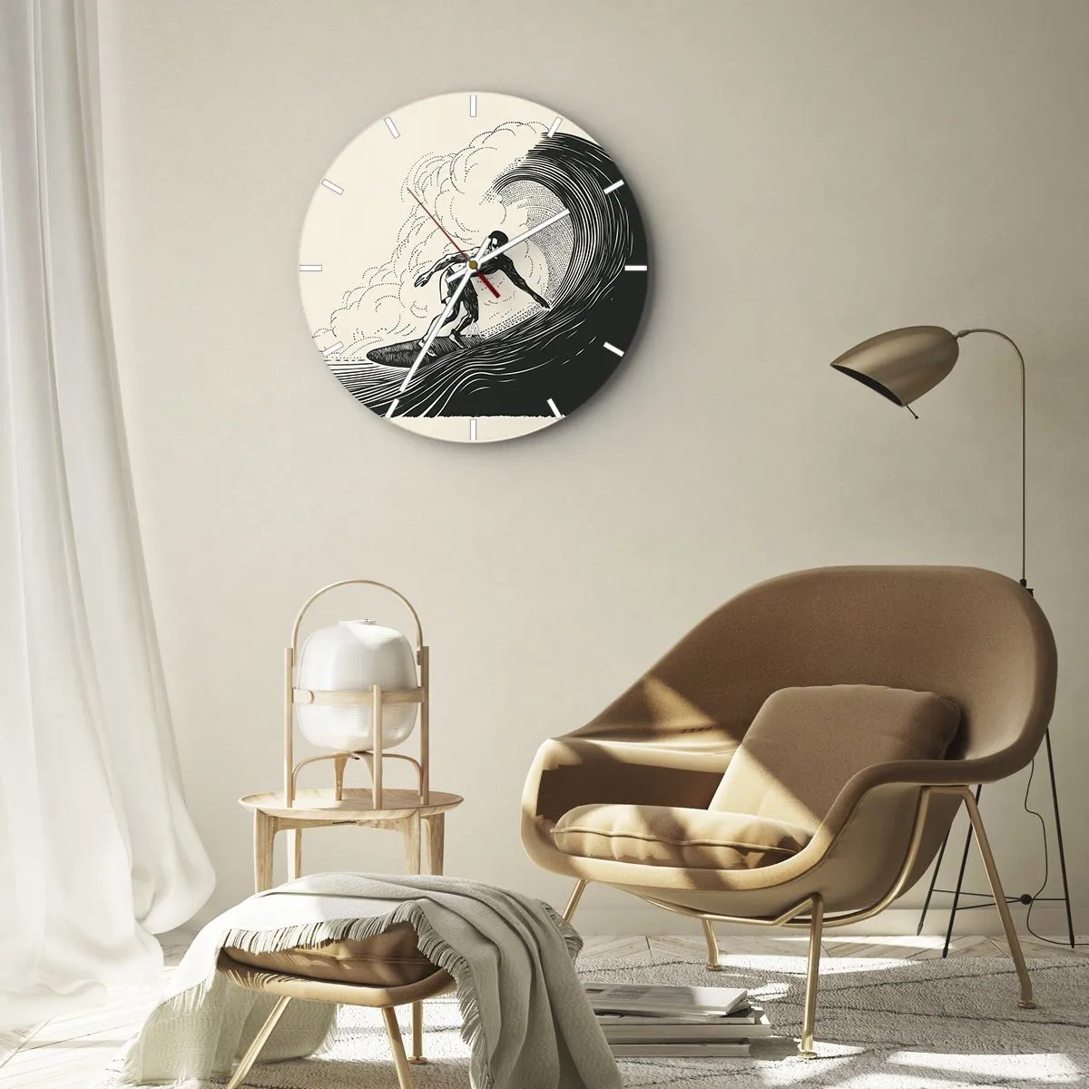 Wanduhr - Glasuhr - Surfer auf einer Retro-Welle - 30x30cm - König der Welle - Moderne Wanddekoration für Wohnzimmer, Küche und Schlafzimmer ARTTOR